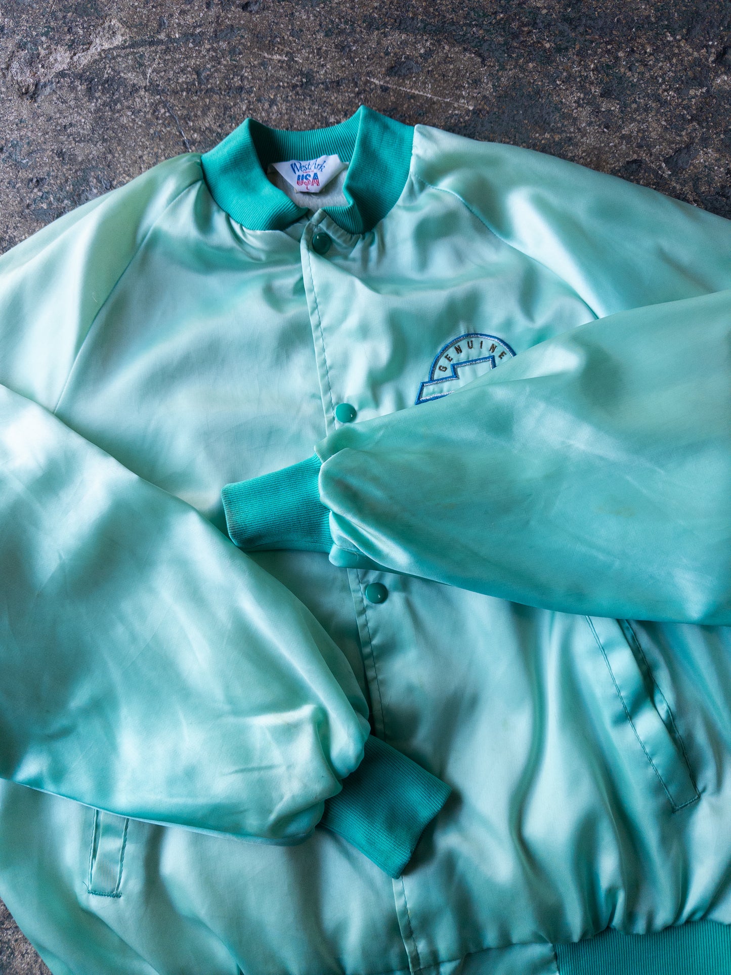 Vintage 80s Genuine Chevrolet Teal Satin Bomber Jacket - Large