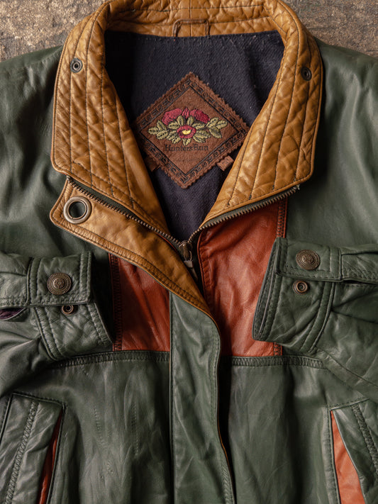 Vintage 90s Hunters Club Olive Green Leather Bomber Jacket - Medium
