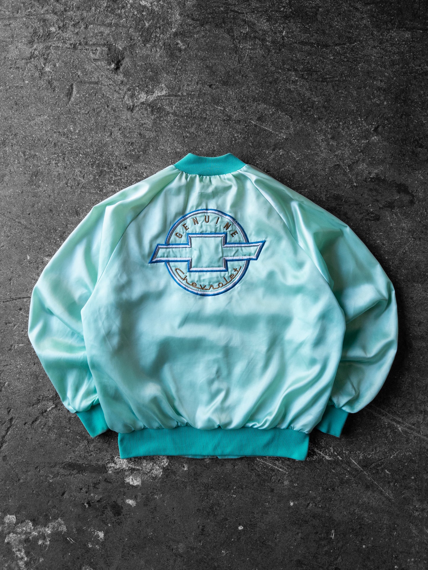Vintage 80s Genuine Chevrolet Teal Satin Bomber Jacket - Large