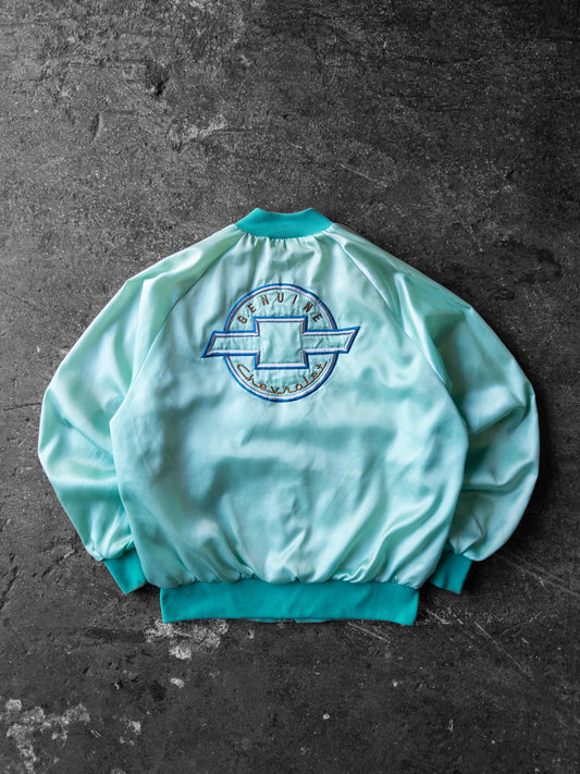 Vintage 80s Genuine Chevrolet Teal Satin Bomber Jacket - Large
