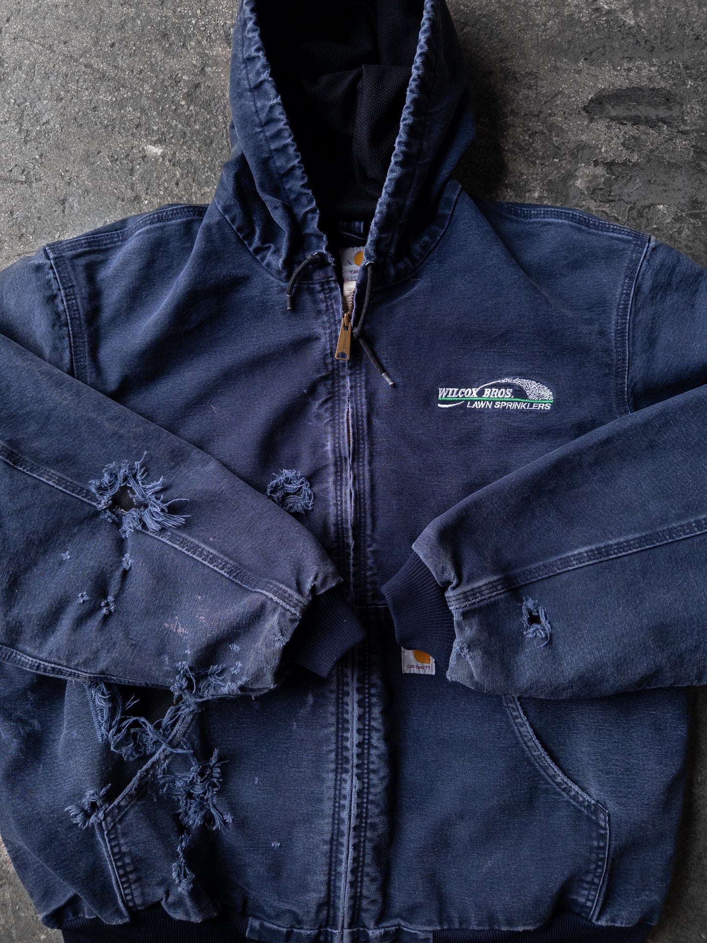 Vintage 2000s Carhartt Navy Blue Distressed Hooded Jacket - XL