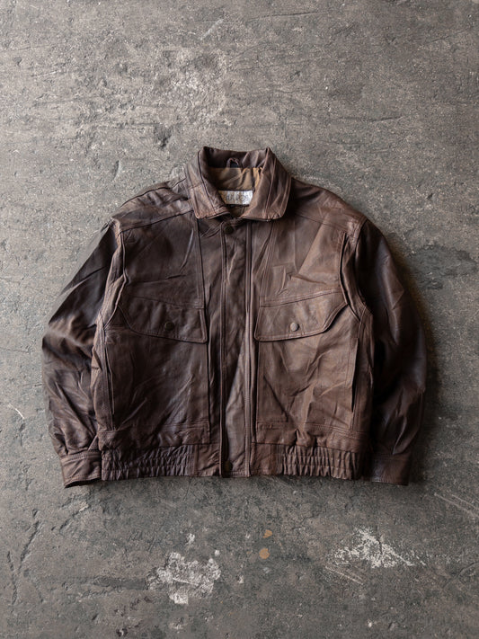 Vintage 90s Joshua Ross Brown Leather Bomber Jacket - Medium