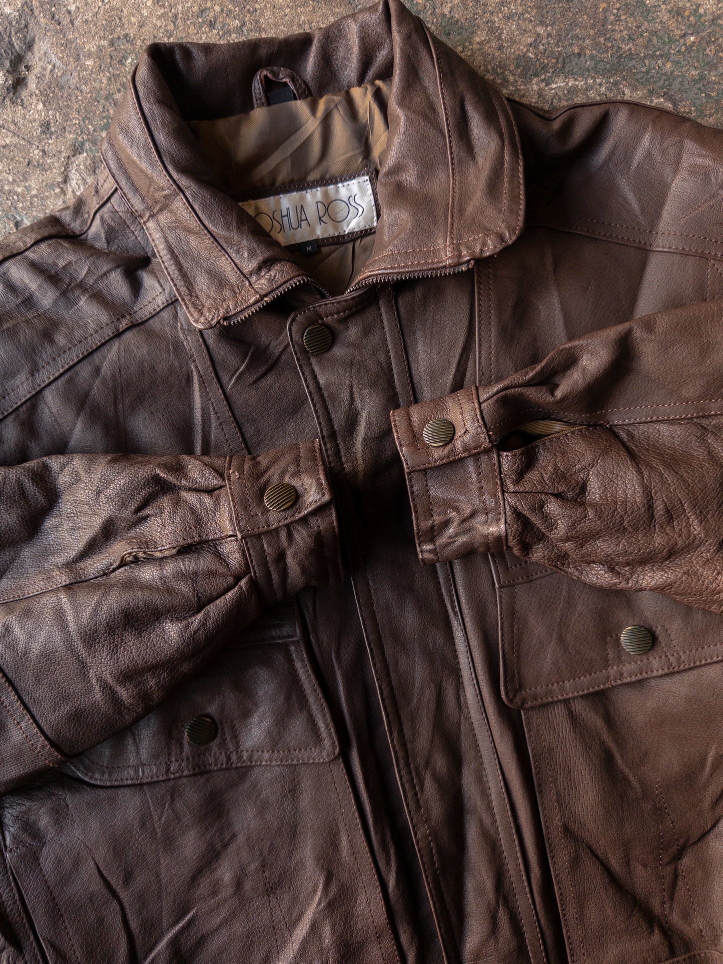 Vintage 90s Joshua Ross Brown Leather Bomber Jacket - Medium