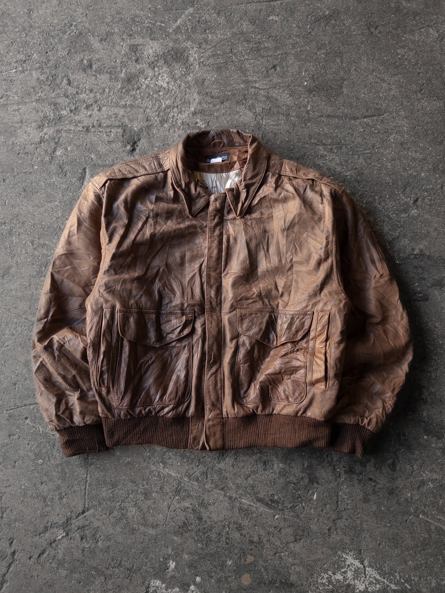 Vintage 90s Hunters Run Brown Leather Bomber Jacket - Medium