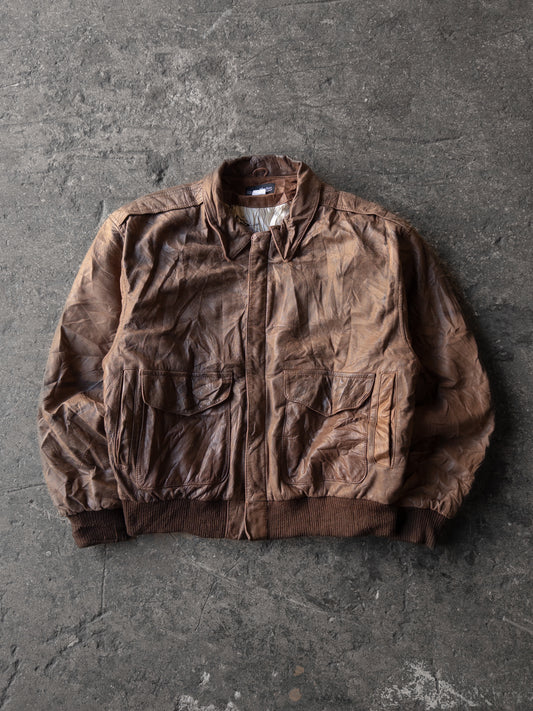 Vintage 90s Hunters Run Brown Leather Bomber Jacket - Medium