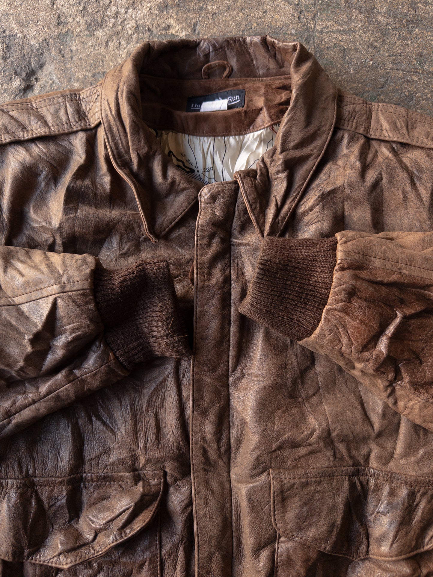 Vintage 90s Hunters Run Brown Leather Bomber Jacket - Medium