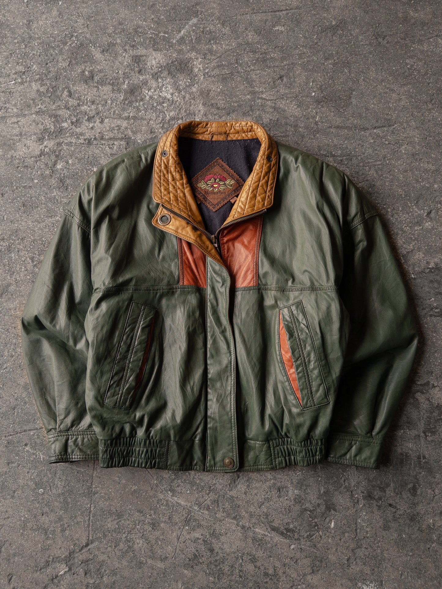 Vintage 90s Hunters Club Olive Green Leather Bomber Jacket - Medium