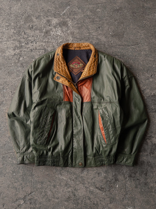 Vintage 90s Hunters Club Olive Green Leather Bomber Jacket - Medium