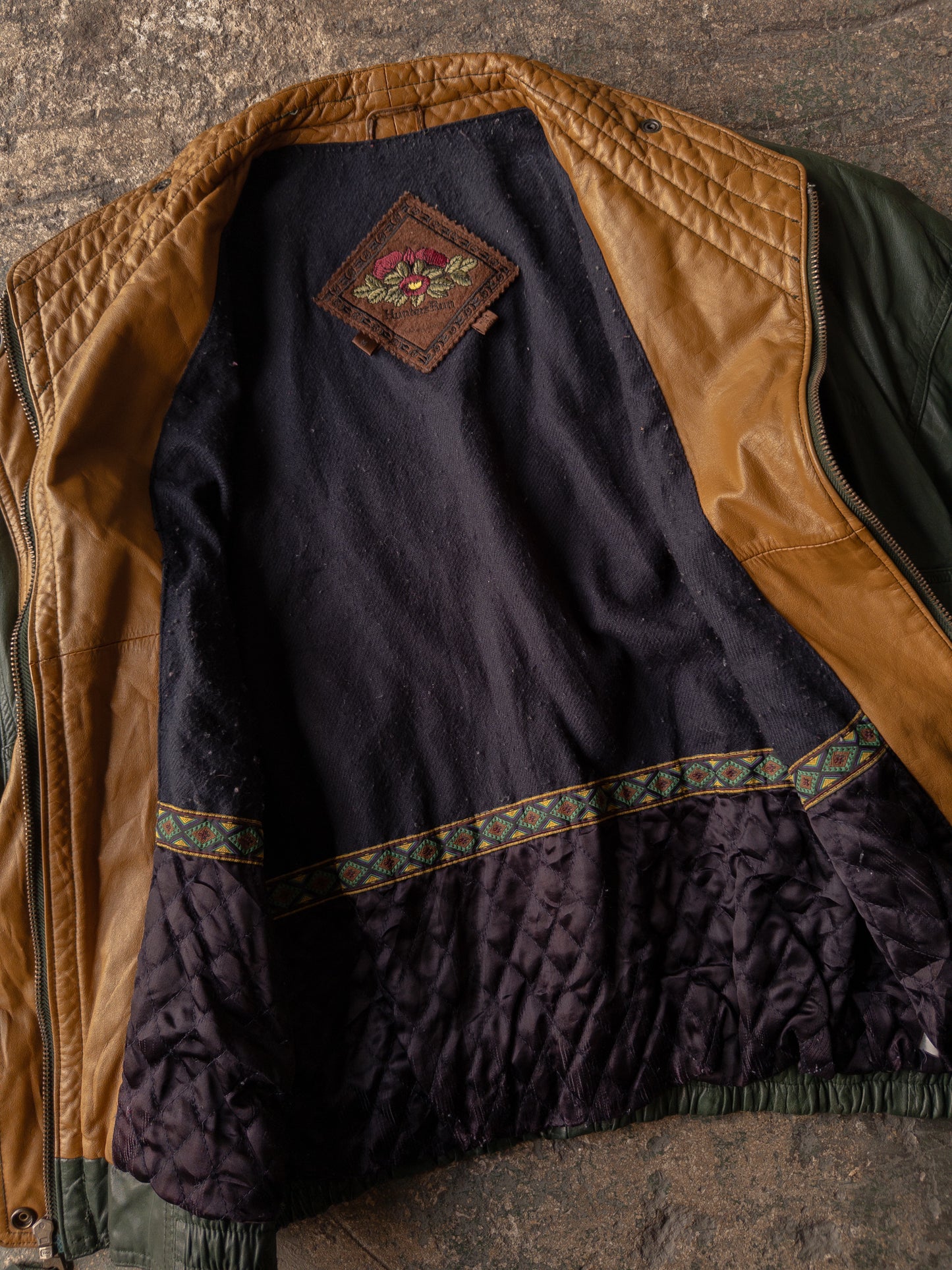 Vintage 90s Hunters Club Olive Green Leather Bomber Jacket - Medium