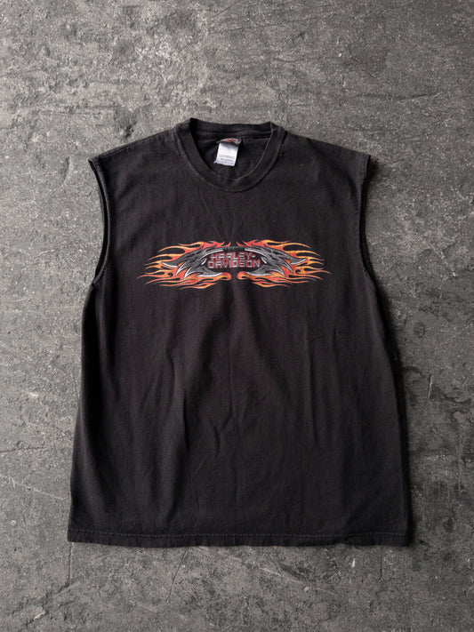 Vintage 2000s Harley Davidson Flames Cut Off Tee - Large